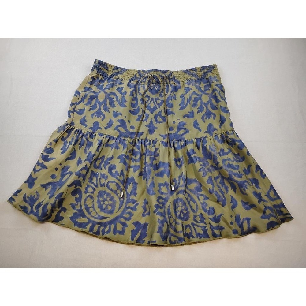 Tommy Hilfiger Silk Mini Skirt Olive Green Blue Damask Medallion Tiered Ruffle 6